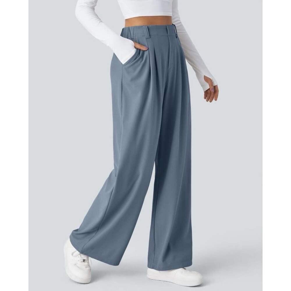 NWT Halara Flex High Waisted Wide Leg Waffle Work Blue Dress Pants Size L Tall